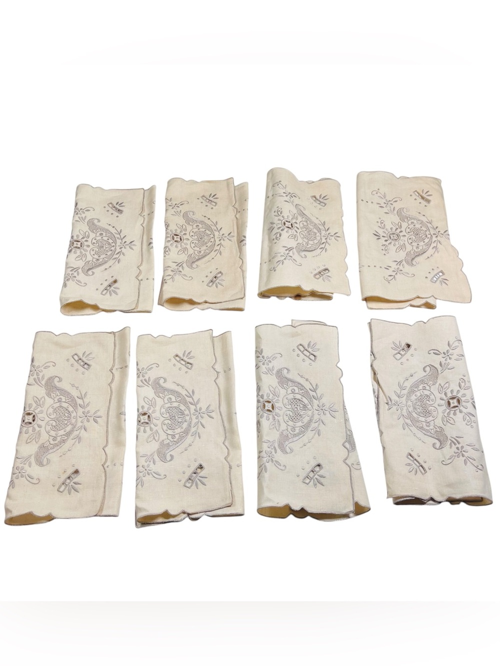 Art Deco Era MADEIRA Hand Work Embroidery Ecru Linen Placemats Napkins 16pc Set